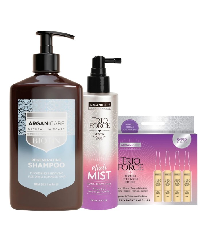 Trio ARGANICARE - FORCE shampoing + soin profond - Argan biotine